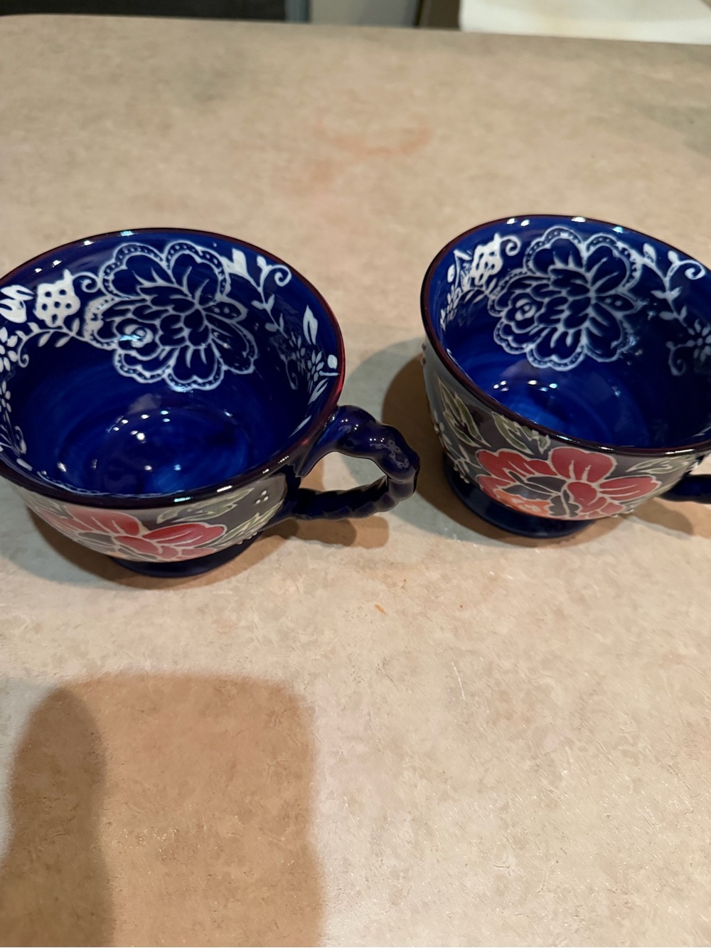 Hand-Painted Blue Floral Ceramic Mugs - Set of 2 - Picture 3 of 4